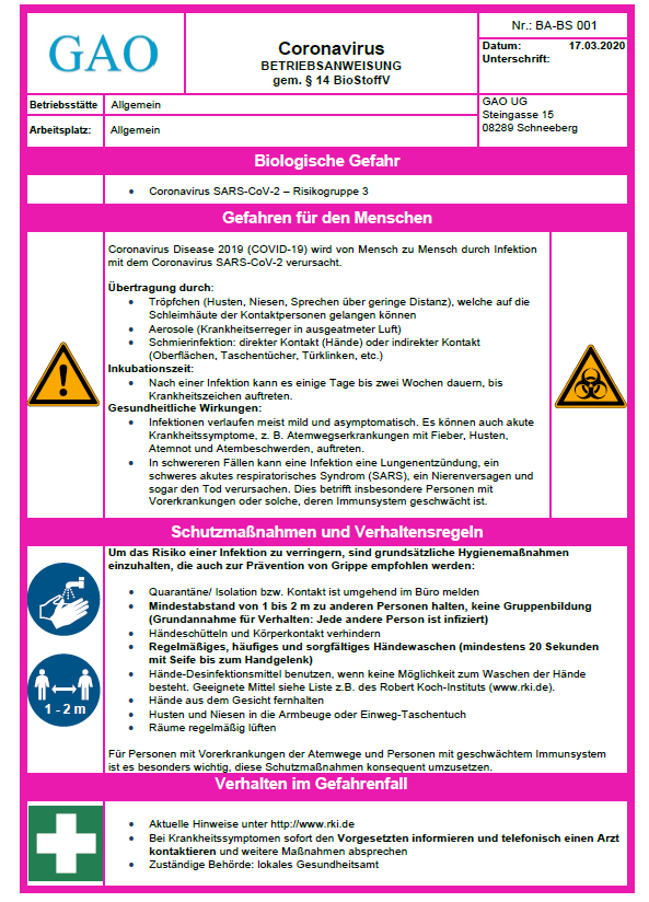 Muster Betriebsanweisung Corona